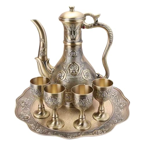 ELAYARD Vintage Turkish Coffee Pot and Embossed Metal Tea Cups Set – 500ml Water Pot with Tea Tray and 50ml Beverage Glasses in Antique Bronze