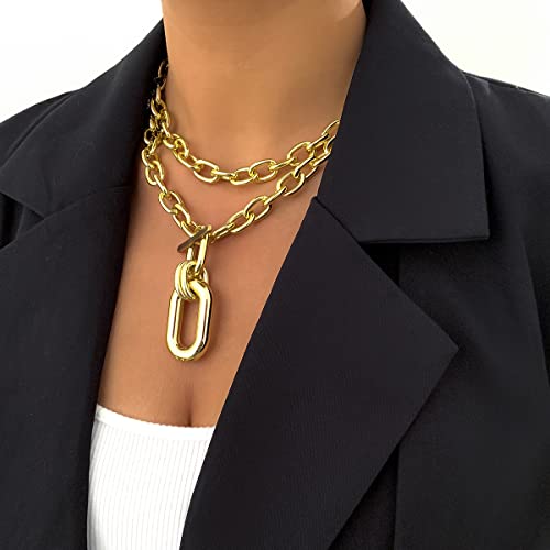 Jumwrit Layered Necklaces Chunky Chain Toggle Necklaces Statement Choker Necklaces Punk Lightweight Carabiner Necklace For Women Girls(Gold) #TOP2