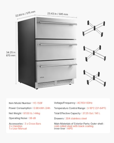 Image of VEVOR 3-Drawer Refrigerator, 24 in Undercounter Beverage Cooler, Large Capacity Drink Fridge, 3 Separate Storage Zones, 304 Stainless Steel Drawers, Fast Cooling, for Kitchen, Game Room & Home Bar