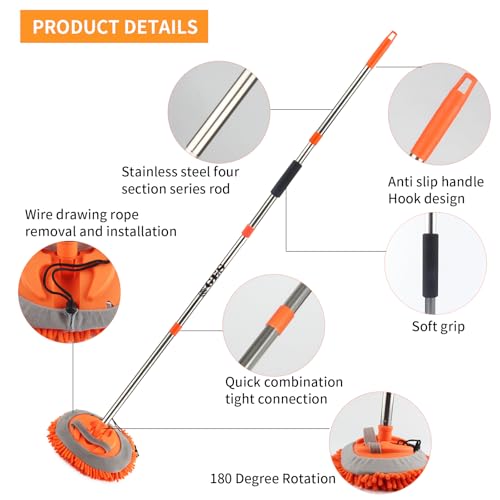 GES Car Wash Mop with Long Handle, 62 Inch Car Wash Bruh with Telescoping Handle, 2 in 1 Microfiber Chenille Cleaning Kit with Storage Bag for Washing Car Rv Suv Truck and Houshold Cleaning (Orange)