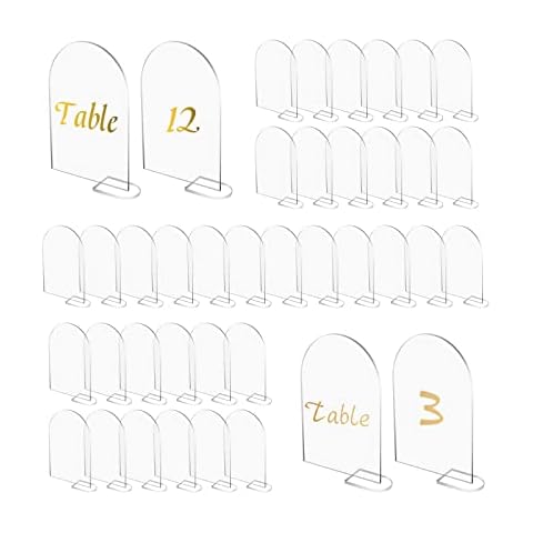 40 Stück transparentes Bogen-Acrylschild mit 40 Ständer, Acryl-Blanko-Platte, Sitzkarten, gewölbt, runde Oberseite, Gäste-Namen, Karten, Tischnummern für Hochzeit Cover