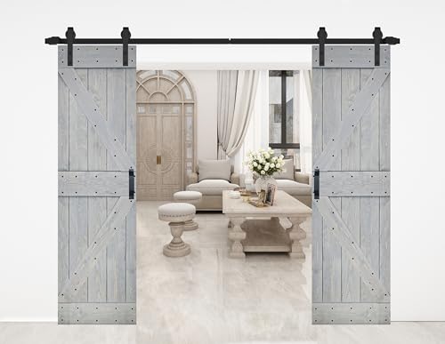 K Series 56in x 84in (28in x 84in x 2 Panels) French Gray Finished Solid Wood Sliding Barn Door with Hardware Track - Assembly Needed