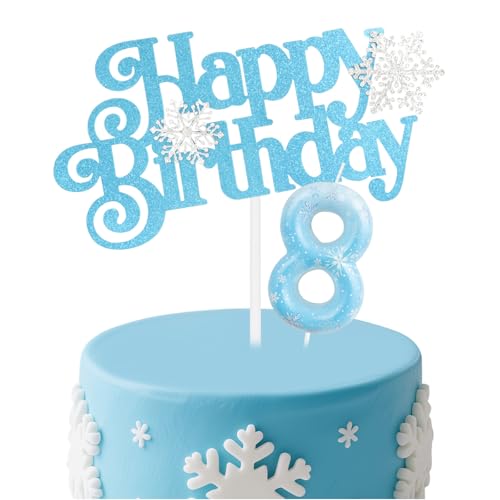 mciskin Juego de velas de cumpleaños congeladas, vela número 8 de copo de nieve azul para pastel, decoraciones de cumpleaños número 8 para niñas, velas de copo de nieve plateadas, decoraciones de