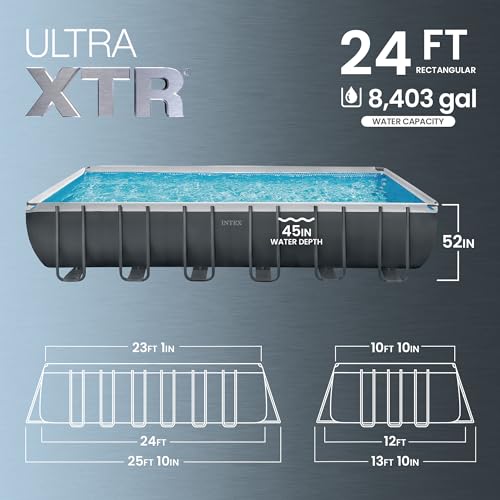 Image of INTEX Ultra XTR 24 ft x 12 ft 52 in Above Ground Pool Set, Rectangular Swimming Pool with Sand Pump, Saltwater System, Maintenance Kit, & Volleyball Game