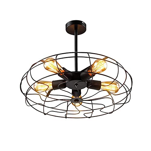 OZBMA Lámpara de araña Industrial Tipo Loft semiempotrada con Forma de Abanico, 5 Luces, con Jaula de Metal Negra, Ideal para Comedor, Dormitorio o decoración de Bodas.
