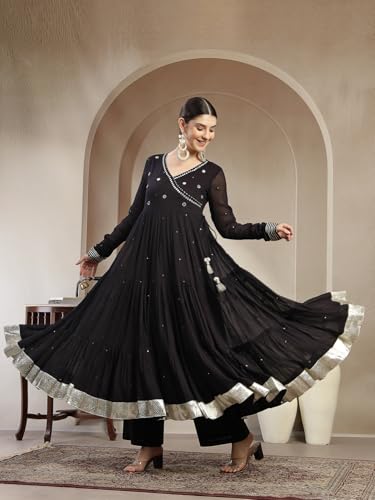 Image of Gulmohar Jaipur Women's Malmal Solid Angrakha Neck Anarkali Kurta Suit Set