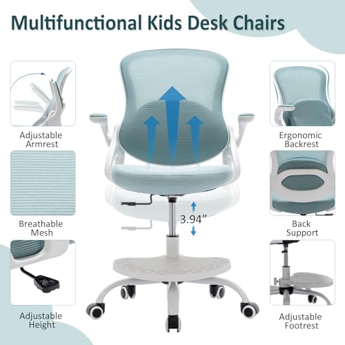 Kids Desk Chair,Ergonomic Study Chair with Adjustable Height,Swivel Mesh Desk Chair with Wheels,Home Office Chair for Children in Home Bedroom Blue by MINPINSER - Image 3