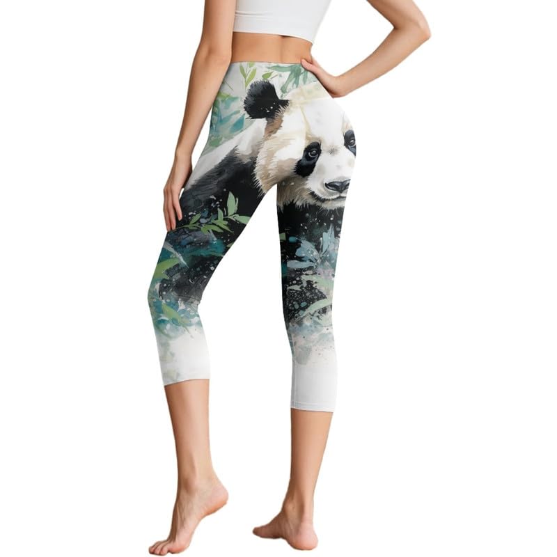 Irisjudy Watercolor Panda Women's Plus Size Capri Leggings Chinese Panda Tummy Control High Waisted Workout Yoga Pants Cute Animal Compression Athletic Capris