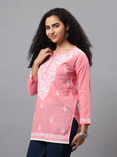Image of Seva Chikan Hand Embroidered Lucknowi Chikankari Cotton Short Top Tunic for Women SCL9017