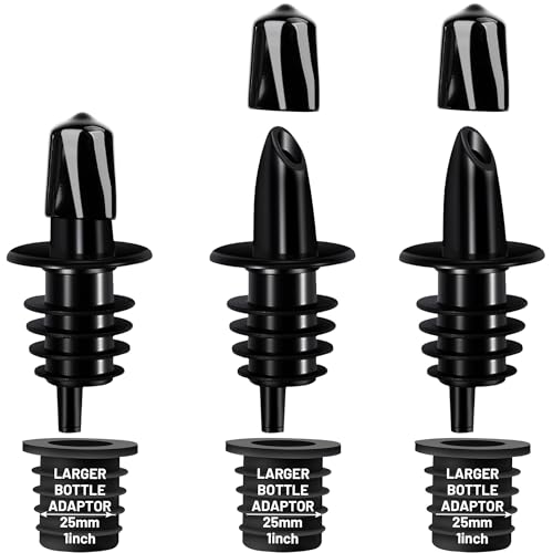 Liquor Pour Spouts for Bottles with Rubber Dust Caps, Classic Bottle Pourers with 3 Adapters for Alcohol, Olive Oil, Juices and Syrups Bottles, Bar Bartender Accessories, 3 Pack, Plastic