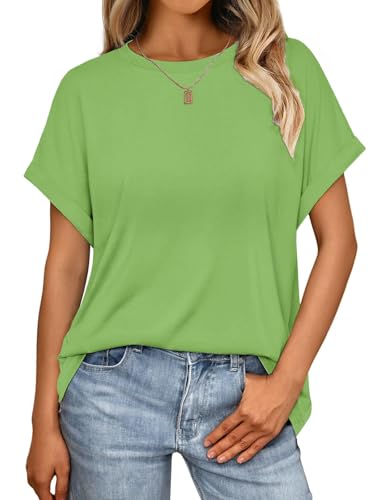 Cuptacc Top Femme Basic Col Rond Tee Shirt Ete Manches Courtes Ample T Shirt Femme Sport Casual Unie Vert Clair XL 48-50