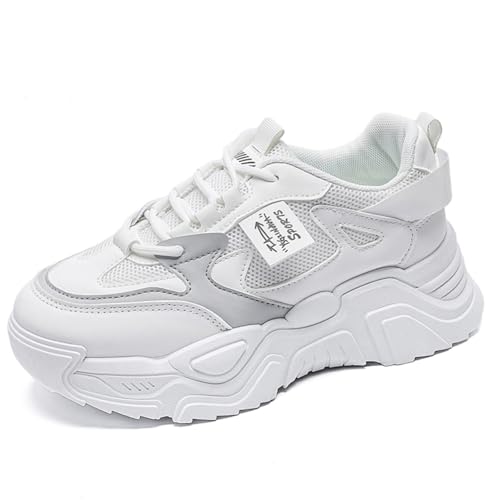 Womens Fashion Lace-Up Leather Platform Sneakers Round Toe Non-Slip Chunky Casual Sport Shoes for Walking Workout Driving