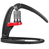 Manual Lever Espresso Maker in black and red with glass of coffee on white background