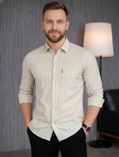 Image of MILDIN Men's Pure Cotton Striped Printed Shirt with Spread Collared Neck Full Sleeve Curved Hemline Button Closure and Regular Fit | Shirt for Man