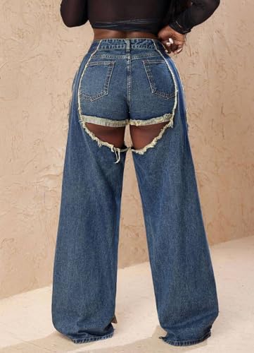Women's Baggy Y2k Ripped Denim Pants High Waist Cutout Patchwork Boyfriend Wide Leg Jeans Stretchy Cargo Pants Streetwear4