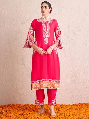 Image of INDO ERA Women's Silk Blend Embroidered Straight Kurta Pant with Dupatta