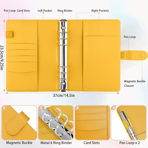 Image of Antner A5 Binder 6 Ring Refillable Notebook Planner Cover, PU Leather Aesthetic Small Binder Loose Leaf Photocard Holder Budget Planner for Cash Organizer with Magnetic Buckle, Lemon Yellow