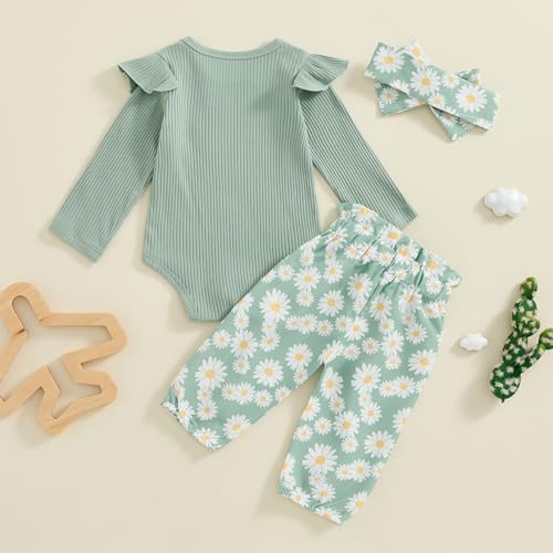 Karwuiio Newborn Infant Baby Girl Clothes Long Sleeve Ruffle Romper Top Pants Set Toddler Baby Girl Outfits Headband4