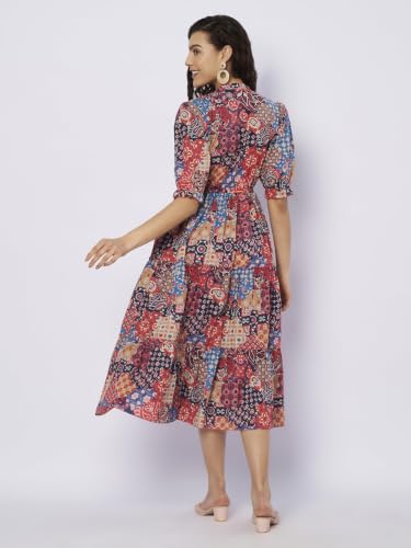 Image of PIDAVLIYA'S Women Cotton Printed Midi Dress with V Neck & Puff Sleeves | Flared A-Line Casual Summer Dress | Stylish Knee Length One Piece for Daily