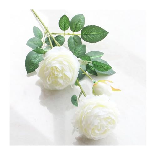 Ramo de flores artificiales de peonía de 3 cabezas de estilo europeo for decoración del hogar, ramo de boda práctico y portátil.(White)