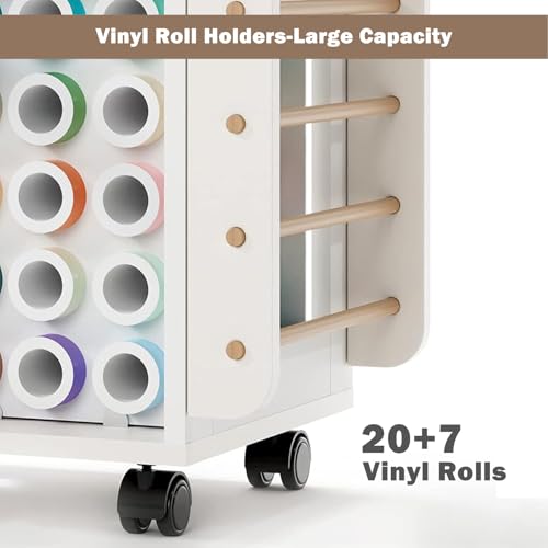 Image of Craft Table,Craft Cart for Cricut Organization and Storage,Craft Desk with Vinyl Roll Holders&Drawer&Hooks,Craft Cabinet Table and Heat Press Stand Workstation for Cricut Craft Room-White