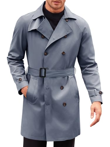 Image of Runcati Mens Trench Coat Double Breasted Mid Long Jacket Casual Belted Overcoat Notched Lapel Windbreaker