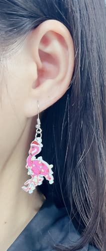 Cute Flamingo Santa's Hat Christmas Dangle Drop Earrings for Women Dainty Lightweight Acrylic Animal Hook Decoration Statement Dangling Hanging Hypoallergenic Party Holiday Gift4