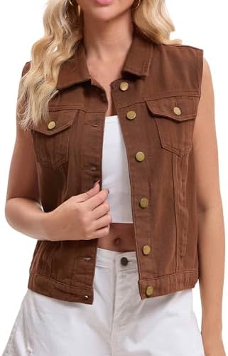 Women's Denim Vest Button Down Jacket W Chest Flap Pockets Washed...