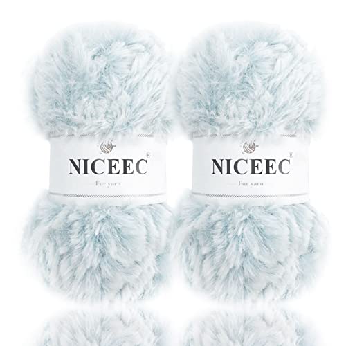Image of NICEEC 2 Skeins Faux Fur Yarn Super Soft, Chunky & Fluffy, Eyelash Yarn for Crochet & Knitting (Total Length 70yds,3.53oz) - Light Blue