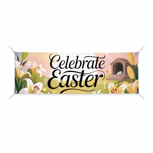 Celebrate Easter Large Banners and Signs for Outdoor by BCB Print | Church Polyester Banner with 4 Hole for Easy Hang Indoor & Outdoor | 6x2ft Banner to Promote Business | HD Made in USA
