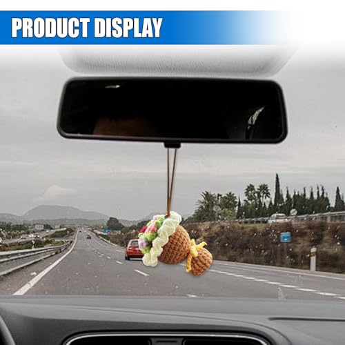 Handmade Flower Car Rear View Mirror Accessory, Crochet Rose Car Mirror Pendant Charm, Auto Hanging Ornament, Vehicle Interior Decoration for Women Present (Brown)