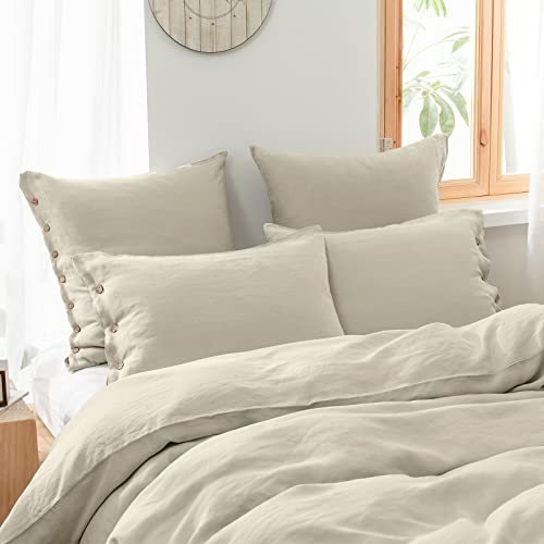 Simple&Opulence 100% Linen Euro Shams with Coconut Button (26'' x 26'') - Pack of 2 - Washed Solid Color Natural Flax Soft Breathable - Linen