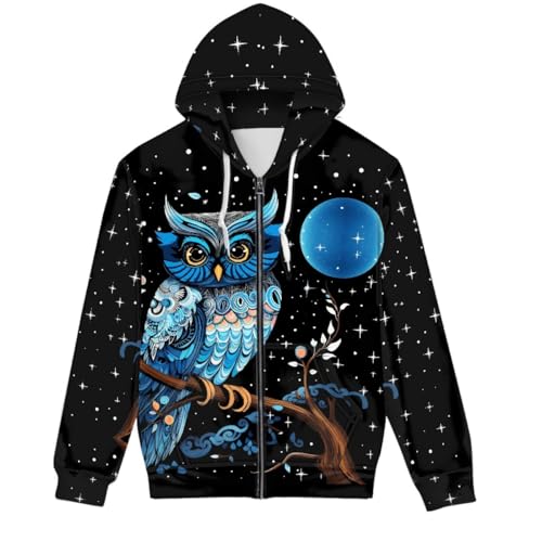 ENLACHIC Sweat à capuche zippé à manches longues avec cordon de serrage pour homme et femme, Hibou et lune, 3X-Large