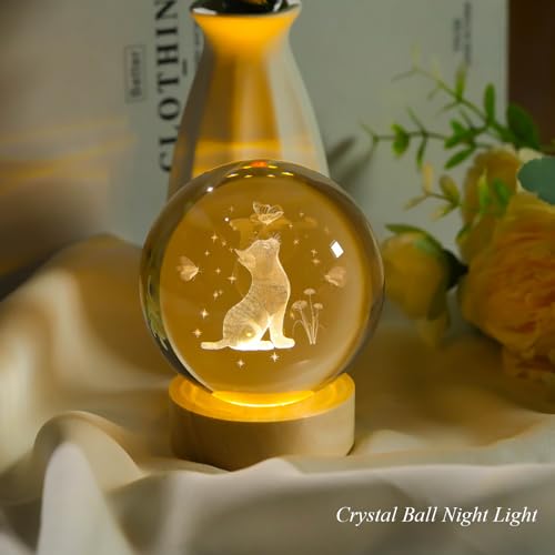Image of Arikyrist 3D Crystal Cat Figurine With Wooden LED Light Base, 80Mm Crystal Ball Decor, Laser Engraved Glass Sphere Gifts for Cat Lovers