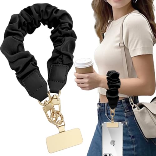 [EEUOPQ] スマホストラップ 手首 ハンドストラップ シュシュ リストストラップ 携帯ストラップ 名札 社員証 紛失防止 落下防止 金具付き 可愛い おしゃれ 軽量 安心 丈夫 レディース スマホアクセサリー 全機種対応 (黒色)