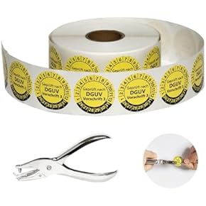 DGUV V3 Testlabels Set met gatenpons | 1000 stuks 30mm Geel, Zelfklevend 2026-2031 Handmatige gatenmaker 3mm (30mm,1000