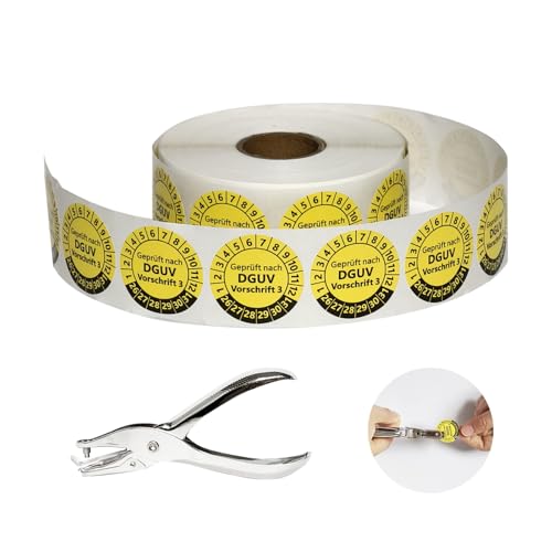 DGUV V3 Prüfplaketten Set mit Lochzange | 1000 Stück Ø30mm Gelb, Selbstklebend 2026-2031 + Handlocher 3mm (φ30mm,1000)
