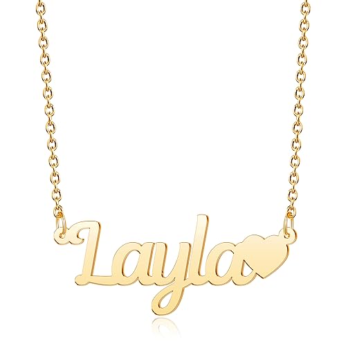 CLY Jewelry Nameplate Custom Neckalce 18K Gold Plated Name Plate Necklace with Name Customized Heart Pendant Personalized Gift for Women