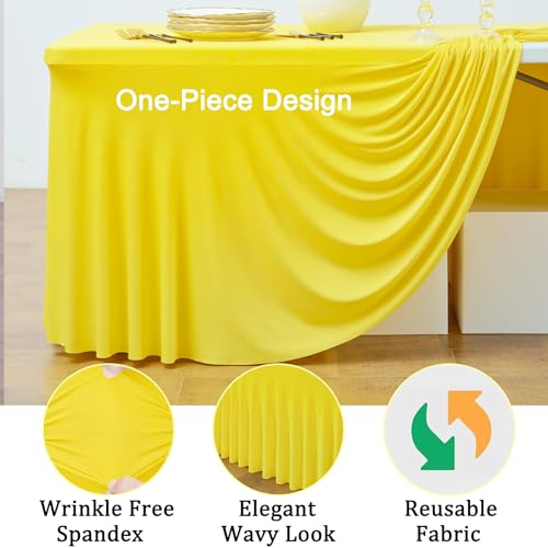 Image of 3 Pack Yellow Spandex Tablecloth for 6 Foot Rectangle Tables, Wrinkle Free Fitted Table Cloth Cover 6ft Yellow Stretchy Tablecloths with Skirt for Parties Weddings Birthday Banquet Baby Shower