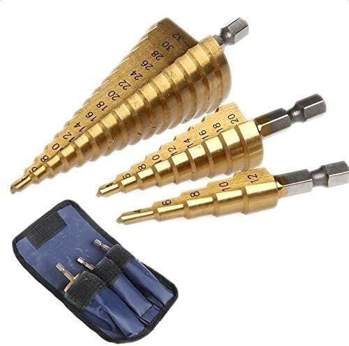 Zestaw wierteł stopniowych z rowkiem spiralnym, Zestaw wierteł stopniowych HSS 3 szt., stożkowe wiertła do otworów, metryczne, 1/4", powlekane tytanem, metalowe wiertła sześciokątne(3pcs4 12 3 20 4 20