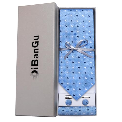 Image of DiBanGu Plaid Ties for Men Silk Checkered Necktie and Pocket Square Cufflinks Tie Clip Set with Gift Box for Wedding Business