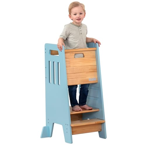 OCODILE Toddler Tower with a Sliding Door and 3 Adjustable Heights - Complete Toddler Kitchen Stool Helper with Support Feet - Safe Design for 18+ Months to 6-Year-Old Kids - Blue