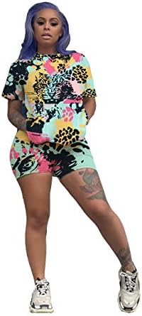 Fastkoala Women's 2 Pieces Outfits Clubwear Colorful Tie Dye Hooded Crop Top Shorts Joggers Tracksuit Sportswear Set Colorful Tiger XXXL