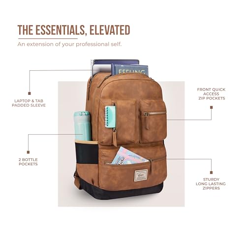Image of Gear Vintage Boxy 18 inch /26L Medium Faux Leather Water Resistant Laptop Backpack /Casual Bag /Daypack /College Backpack /Travel Backpack For Men /Women (Tan - Navy)