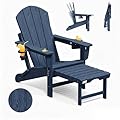 Mdeam 3-Level Adjustable Adirondack Chair with Retractable Ottoman, HDPE All-Weather Folding Fire Pit Chair with 2 Cup Holders, Outdoor Chair for Deck Patio Garden Backyard Lawn (Navy Blue)