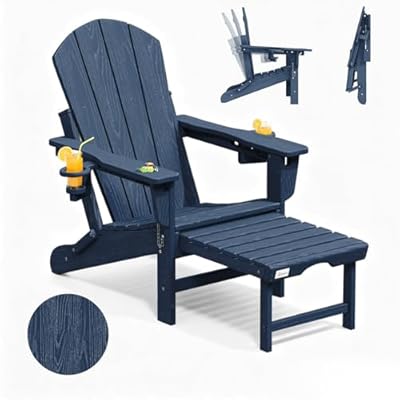 Mdeam 3-Level Adjustable Adirondack Chair with Retractable Ottoman, HDPE All-Weather Folding Fire Pit Chair with 2 Cup Holders, Outdoor Chair for Deck Patio Garden Backyard Lawn (Navy Blue)