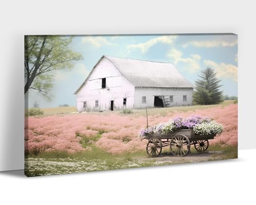 Farmhouse Wall Art, Rustic Farmhouse Barn Pictures Wall Decor For Living Room, Country Barn Pictures Wall Art For Bedroom, Pink Floral Barn Wall Pictures Canvas Framed Ready To Hang 24x36''