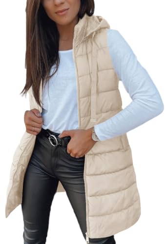 Veatzaer Women Long Vest Solid Color Sleeveless Hood Winter Puffer Vest Outwear