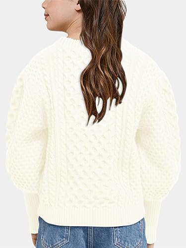 rrhss Girls Cable Knit Sweaters Kids Fall Fashion Puff Sleeve Ribbed Cuffs Crewneck Clothes 5-14 Years2