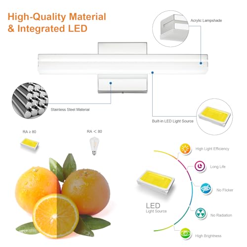 Image of SineRise 16-Inch LED Modern Bathroom Vanity Light Bar, Chrome Modern Acrylic Bathroom Wall Lighting Fixtures Over Mirror (Cool White 6000K)